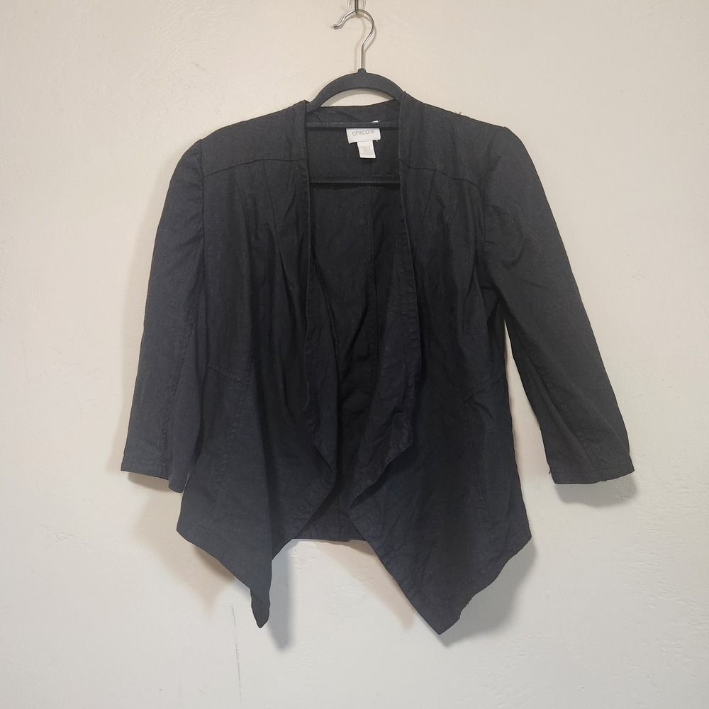 Chico's Drape Front Linen Cardigan‎ Womens Size XS Black